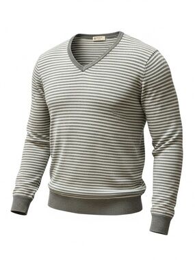 Men's J Crew Cashmere Cotton Striped V-Neck Sweater Grey and Cream Preppy Sz L